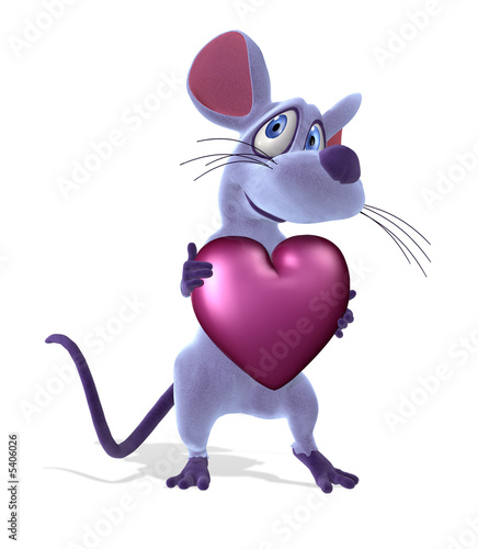 3D render of a cute cartoon mouse holding a heart. photo