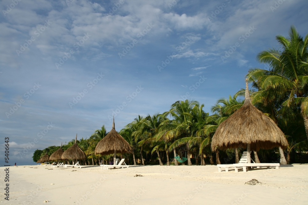 rows of nipa hut shade with coconut trees as background