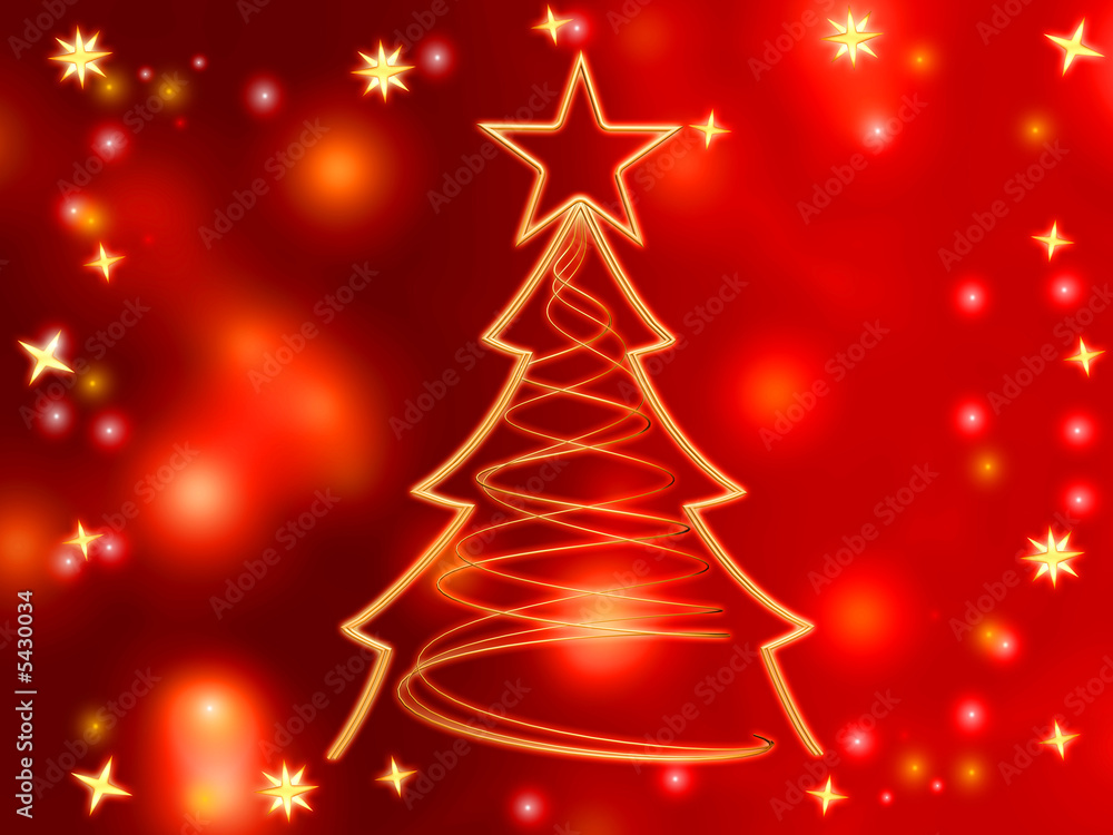 golden christmas tree gold stars lights red background. golden christmas tree gold stars lights red background.