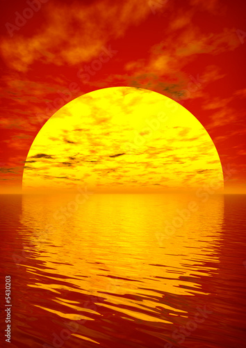 Scarlet sunset over ocean. 3D rendered scene