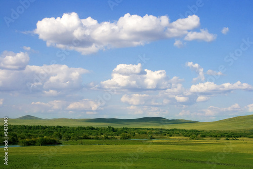 Scenic grassland in summer with clouds in the sky.