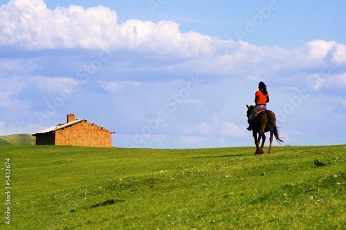 An Asian girl riding a horse returning home. © Shirley