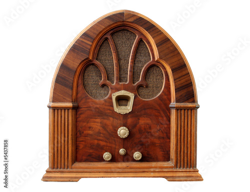 Old Tabletop Wooden Radio with White Background.