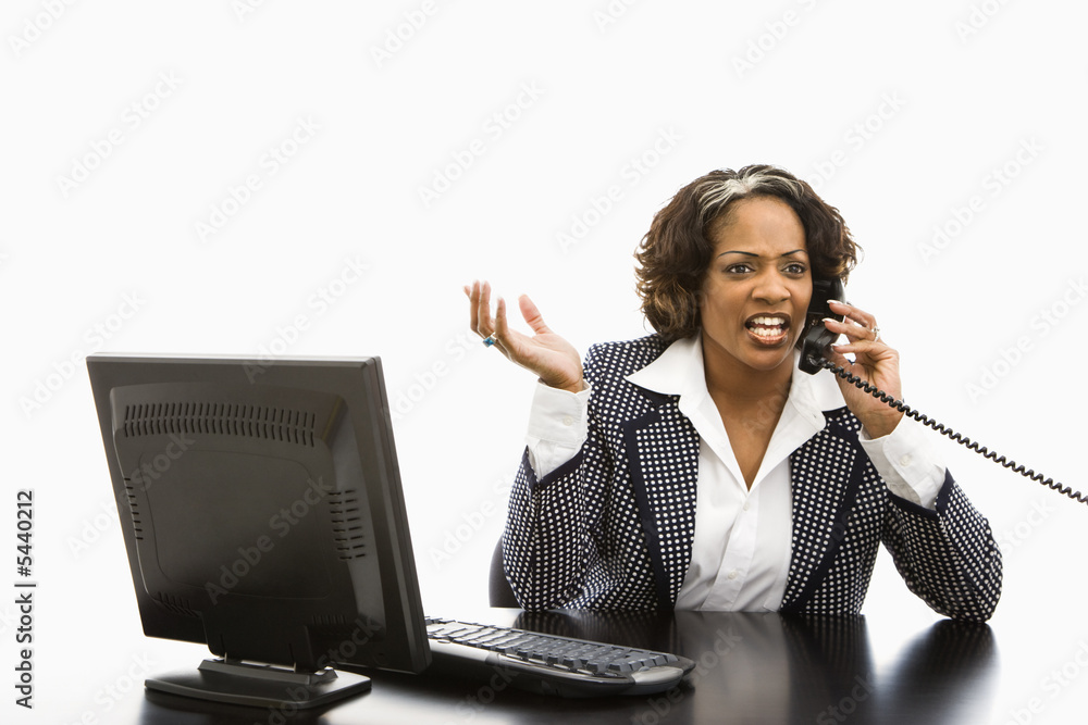 Businesswoman sitting at office desk talking on telephone. Businesswoman sitting at office desk talking on telephone.