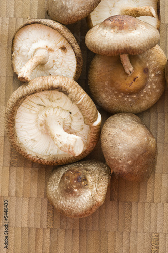 Pile of shiitake mushrooms on bamboo mat.