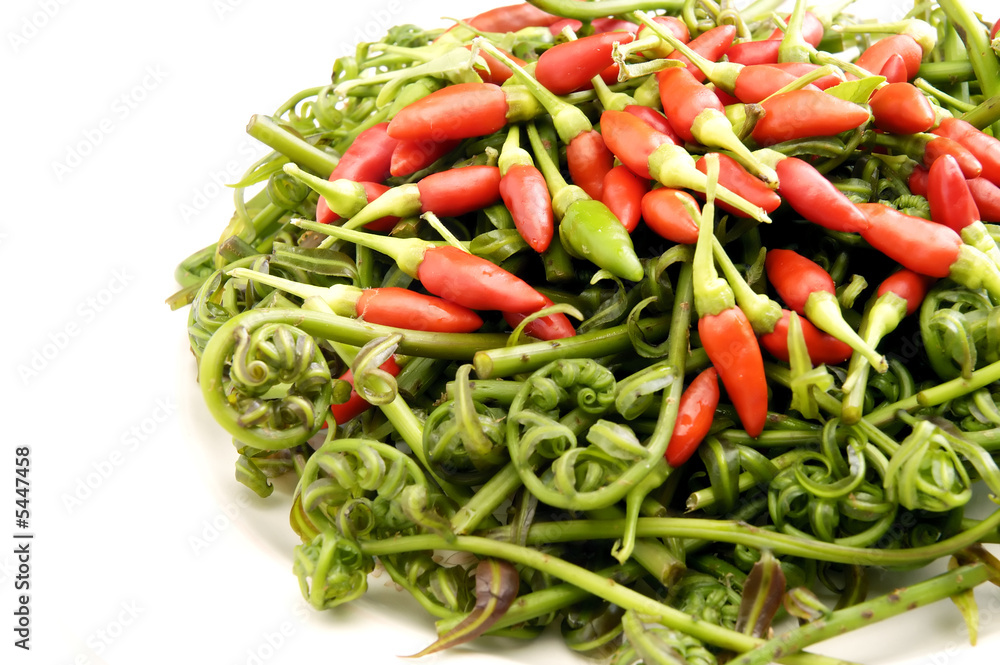 Red chillies with Bidin, an edible curvy fern Red chillies with Bidin, an edible curvy fern