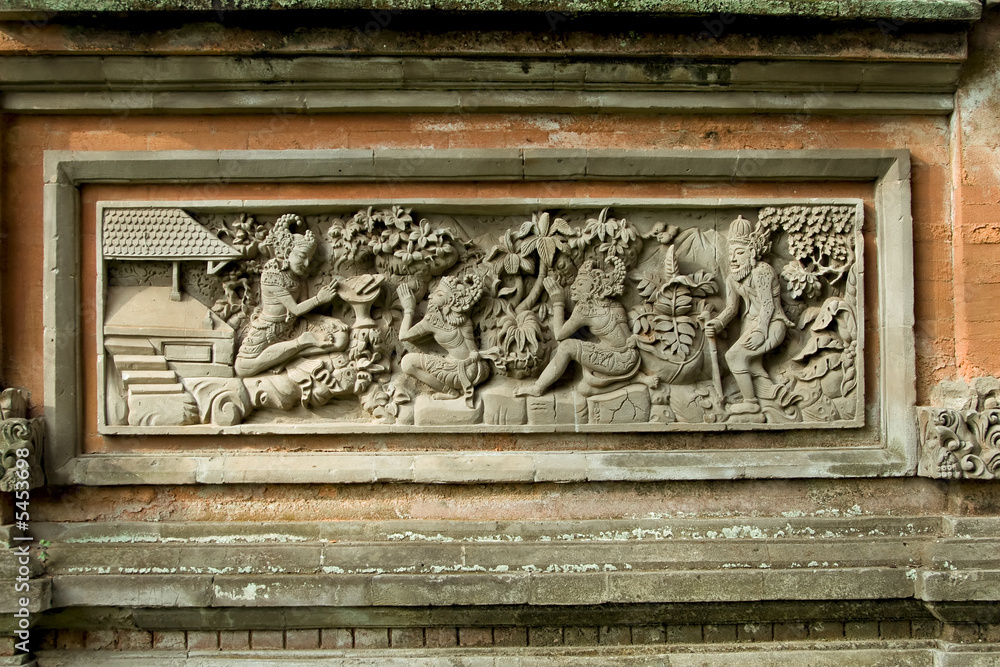 balinese bas relief decoration on temple wide shot