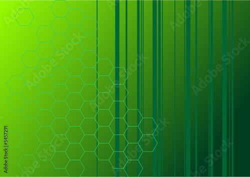Green abstract background with stripes and hexagons