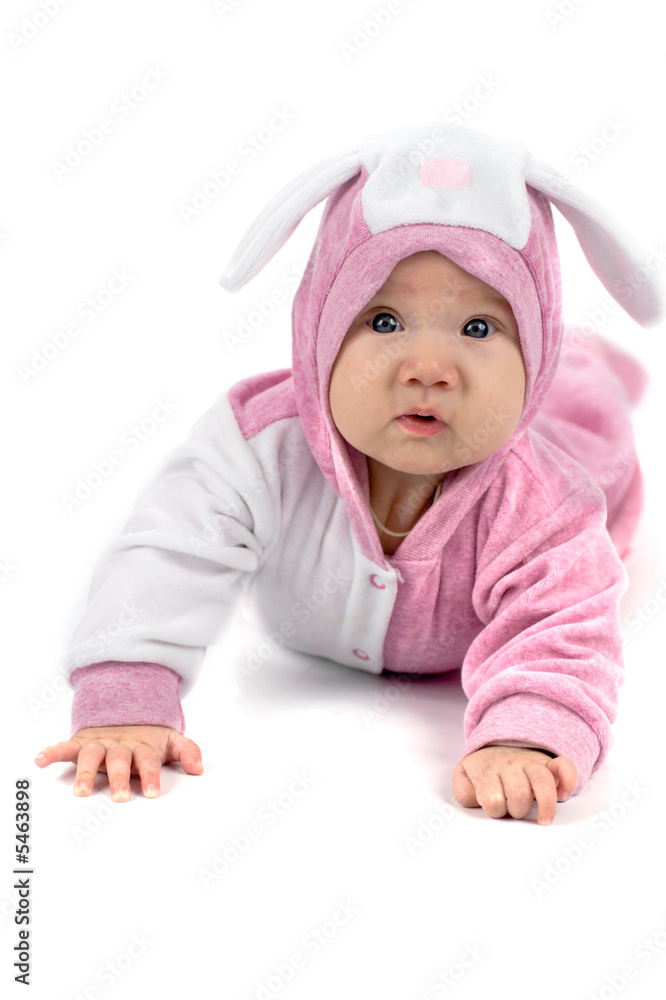 Happy four months baby wearing pink bunny suite Happy four months baby wearing pink bunny suite