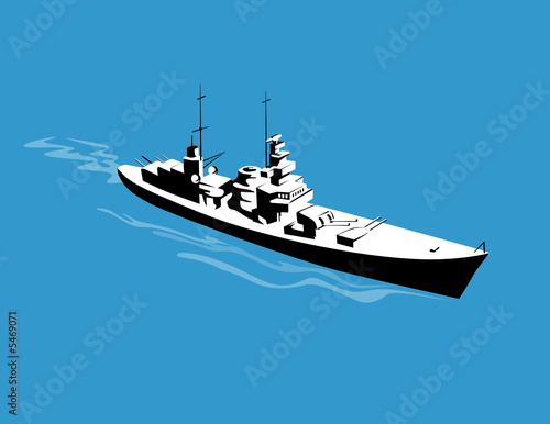 Warship steaming past as viewed from above