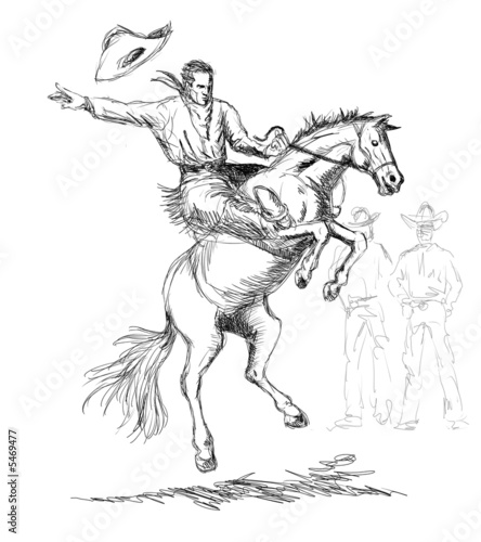 Rodeo cowboy riding a bucking bronco