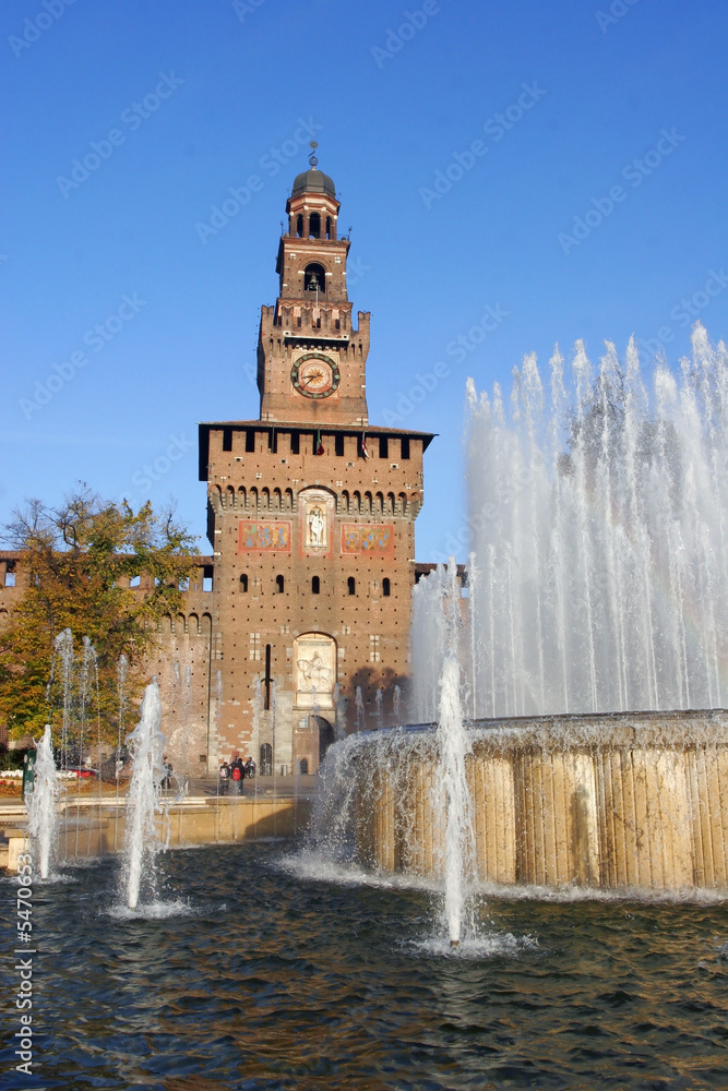 A tower of the ancient castle Castello Sforzesco, in Milan