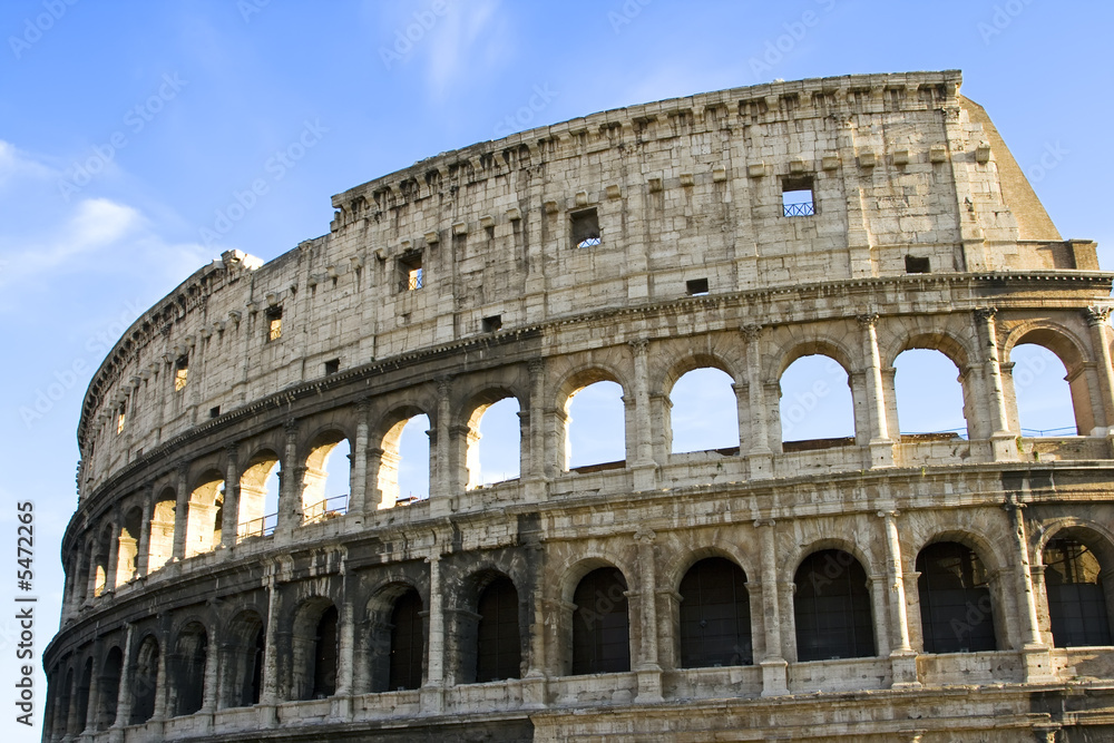 Closeup view of exterior of the Colosseum in Rome, Italy.