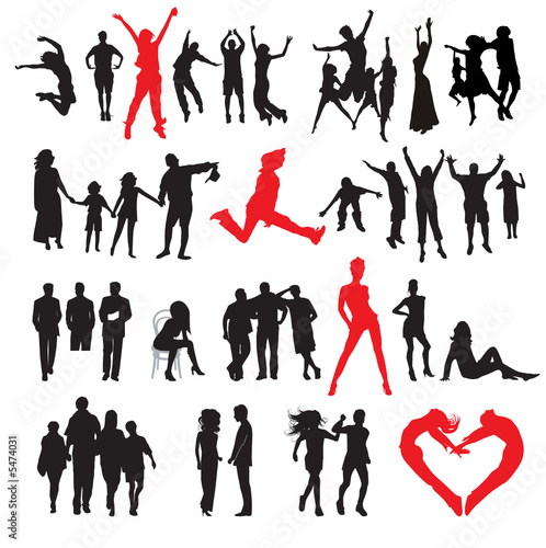 Silhouettes of people: business; family; sport; fashion; love