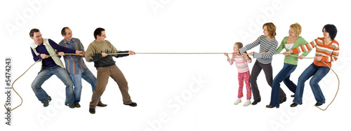 Man and woman playing tug of war - isolated photo