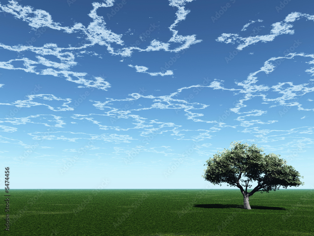 Obraz premium Alone tree and beautiful sky with clouds - 3d landscape scene.