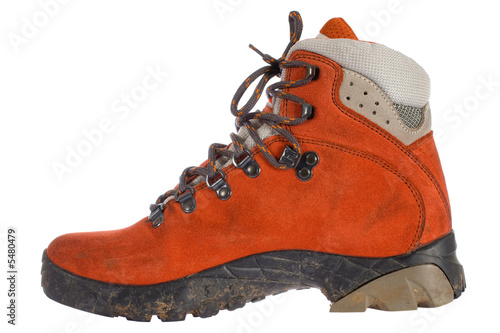 single red trekking boot from side