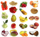 Large page of fruits and nuts on white background