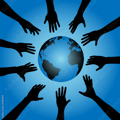People hands reach for globe earth
