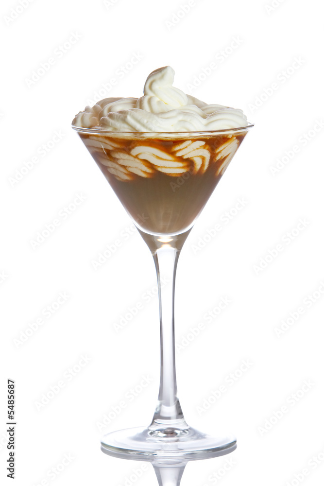 A hot chocolate or capuccino reflected on white background A hot chocolate or capuccino reflected on white background