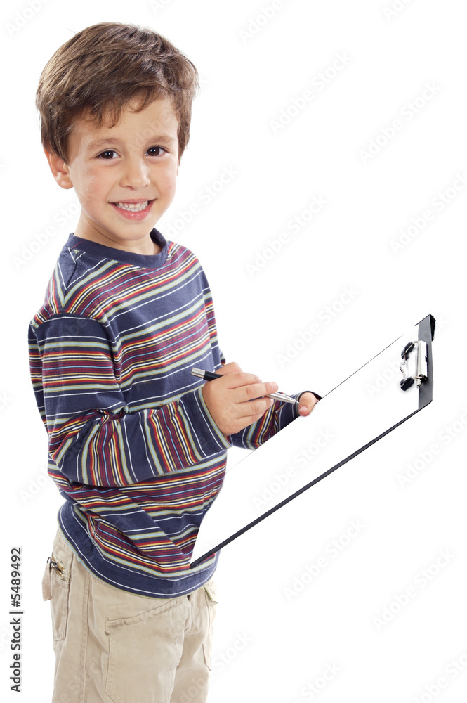 Young boy with clipboard over white background Young boy with clipboard over white background
