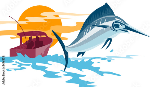 Swordfish jumping with boat in the background