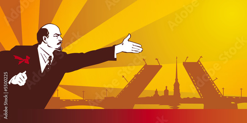 Lenin on the background of bridges in St. Petersburg, in the sunshine