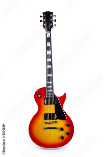red and orange custom rock guitar isolated on white background