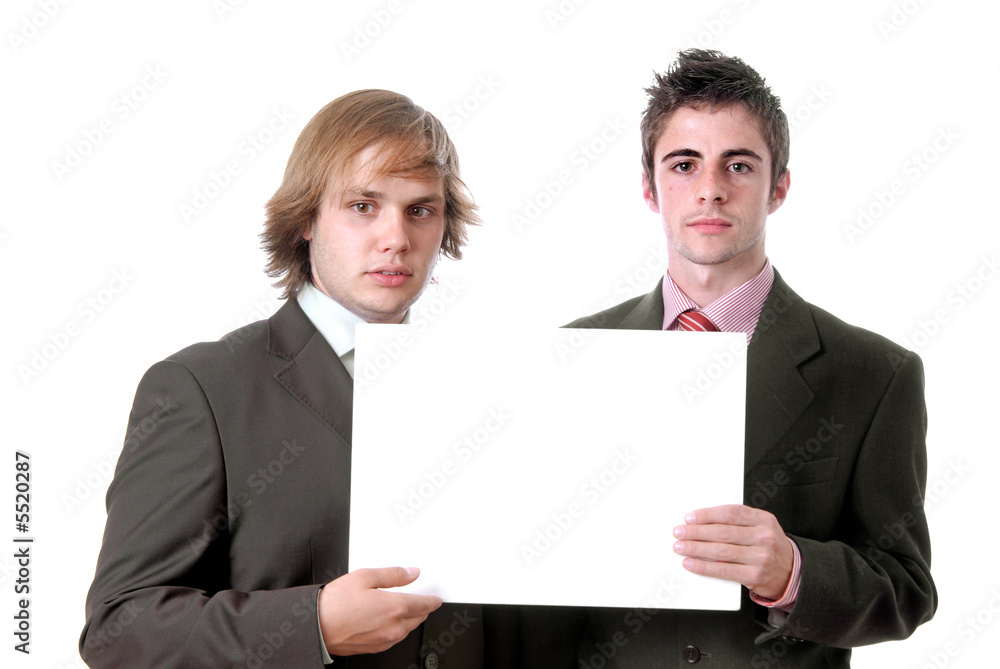 two business men with an empty card two business men with an empty card