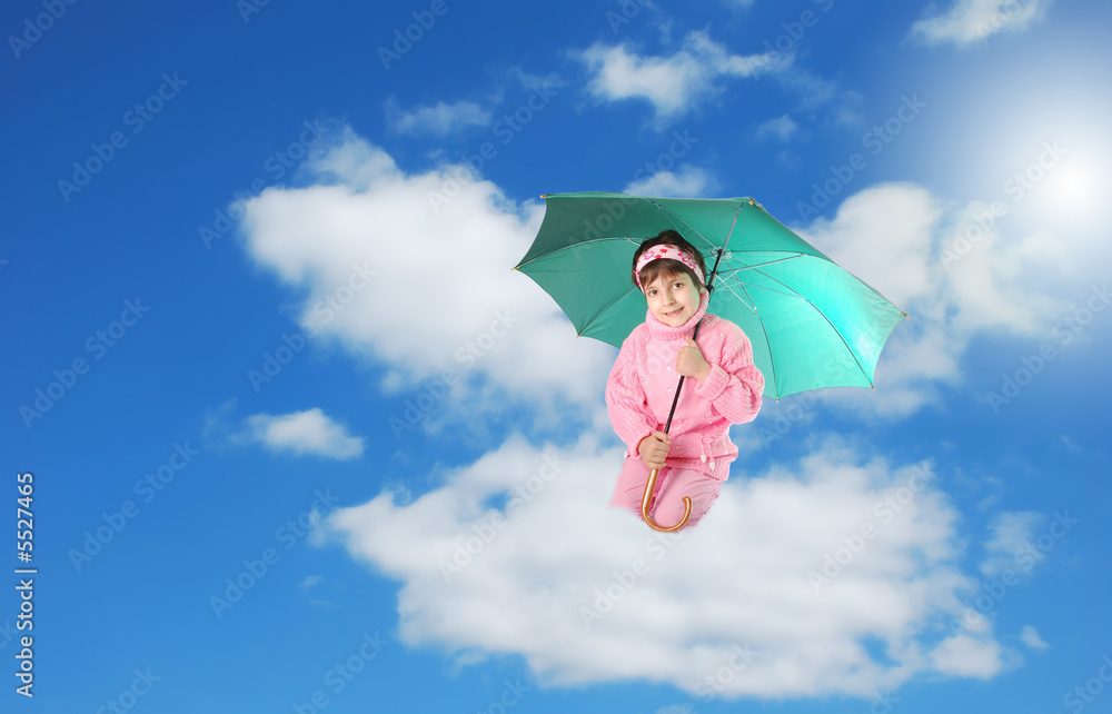 Pretty kid sit on cloud under umbrella