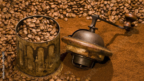 coffee, beans and an old-fashioned coffee mill