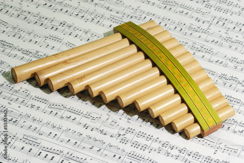 Fototapeta premium Panflöte auf einem Papier mit Noten