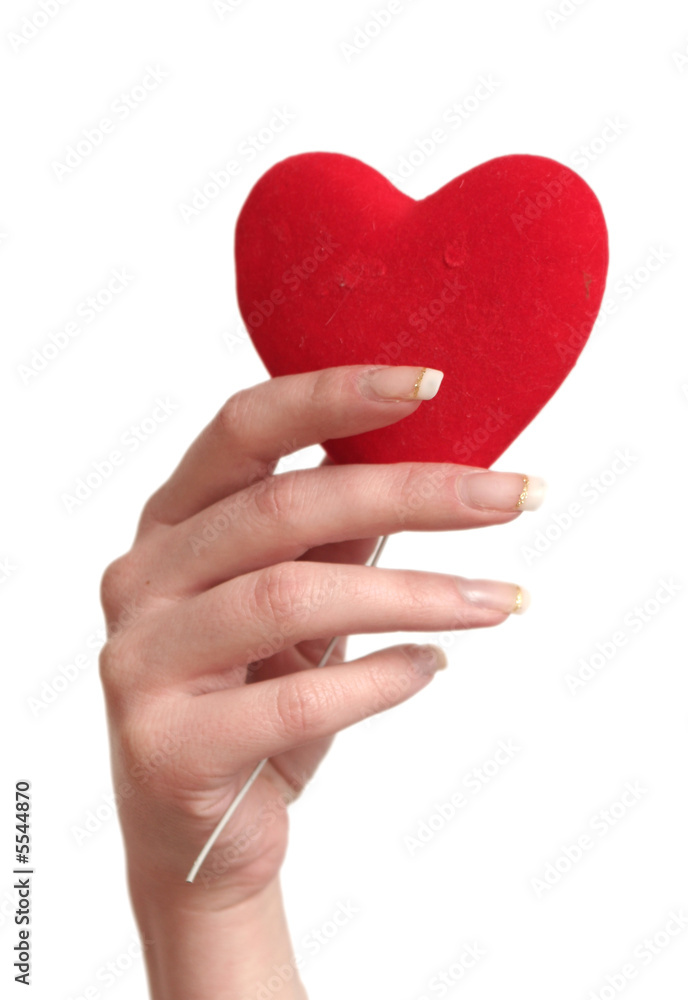 Fototapeta premium Red heart in female hands on a white background