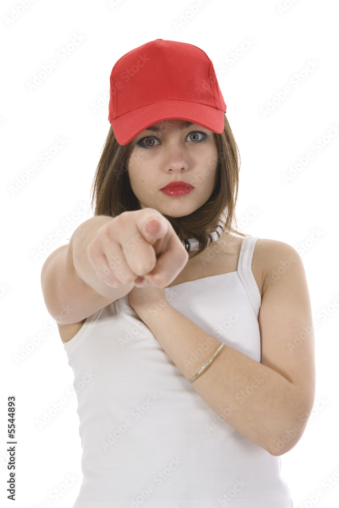 emotional girl in red cap on insulated background