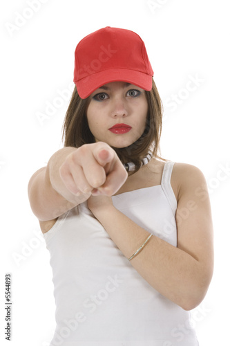 emotional girl in red cap on insulated background