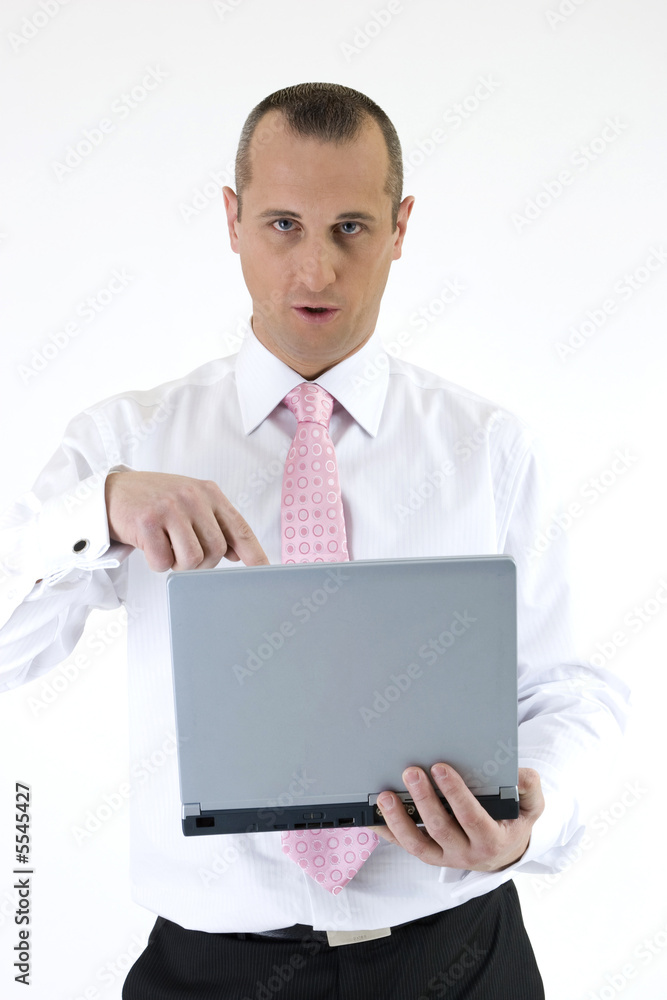 businnesman with a laptop on white background businnesman with a laptop on white background