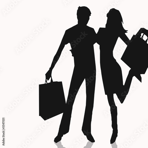 Black silhouette. Man and woman with shopping bags. White backgroundShopping illustration white background