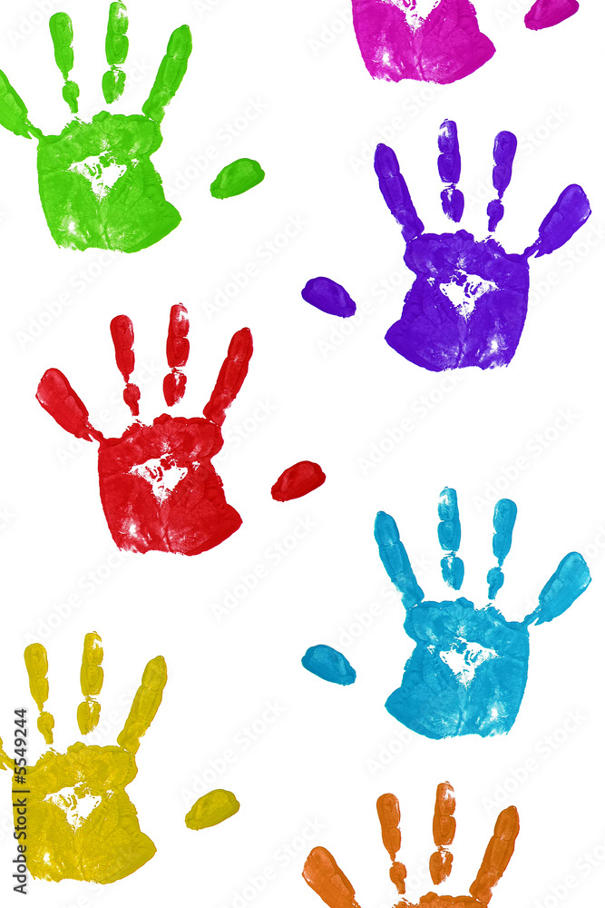 close up colorful child handprints on white close up colorful child handprints on white