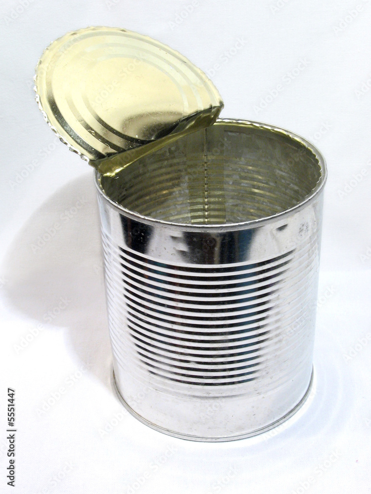 Opened empty tin isolated on white background. Metal preserved food can for trash recycling Opened empty tin isolated on white background. Metal preserved food can for trash recycling
