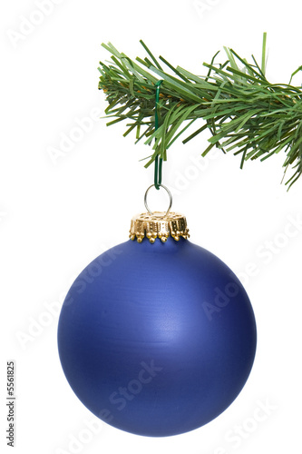 blue ornament hanging on a pine tree branch