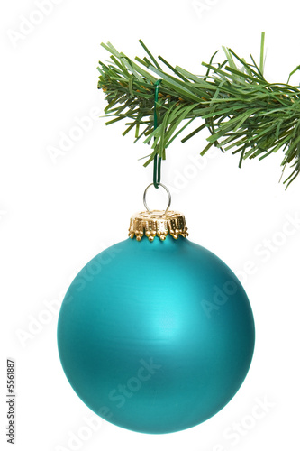 blue ornament hanging on a pine tree branch
