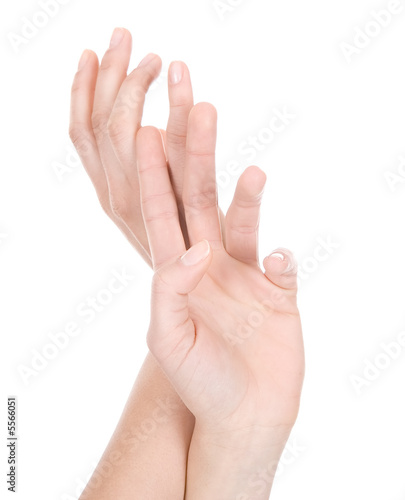 Woman is showing a sign with his hands on a white background