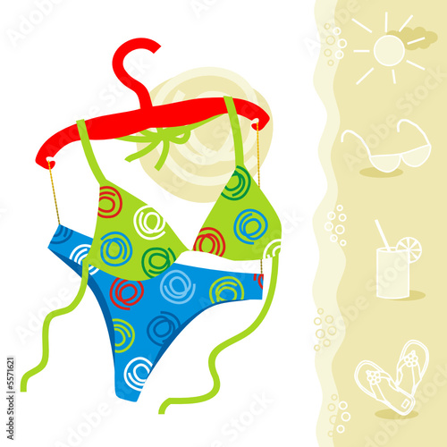 Colorful bikini, red hanger, summer beach icons