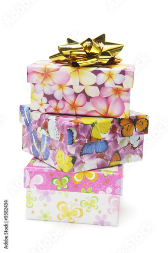 Stack of gift boxes on white backgorund
