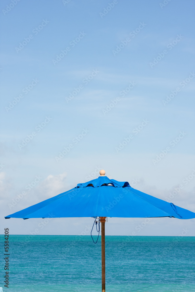 blue sunshade with sunbeds on tropical beach