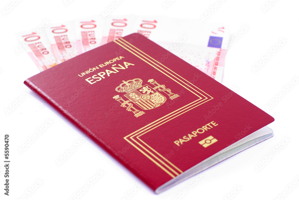 Spanish Passport with 10 curency euro on white background.