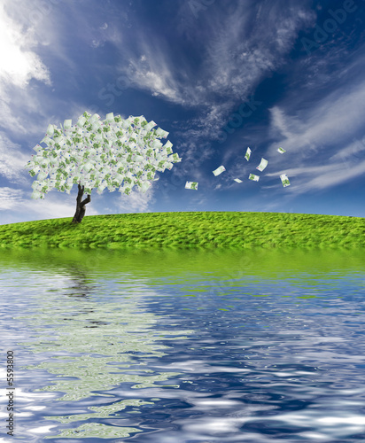 Concept of a cash tree with falling 100 Euro banknotes leaves.