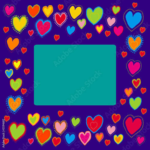 Border with hand-drawn hearts at a blue background