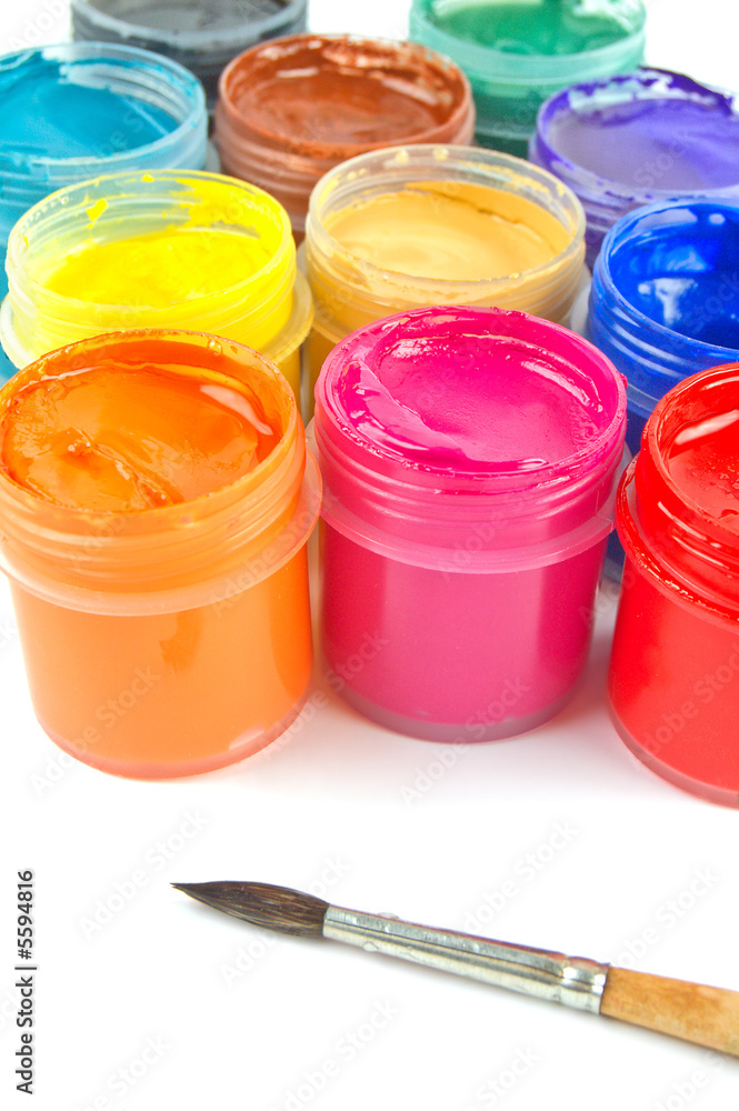 Multicolored gouache paints and paintbrush Multicolored gouache paints and paintbrush