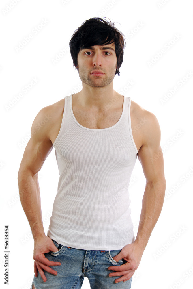 A tall man in a white t-shirt